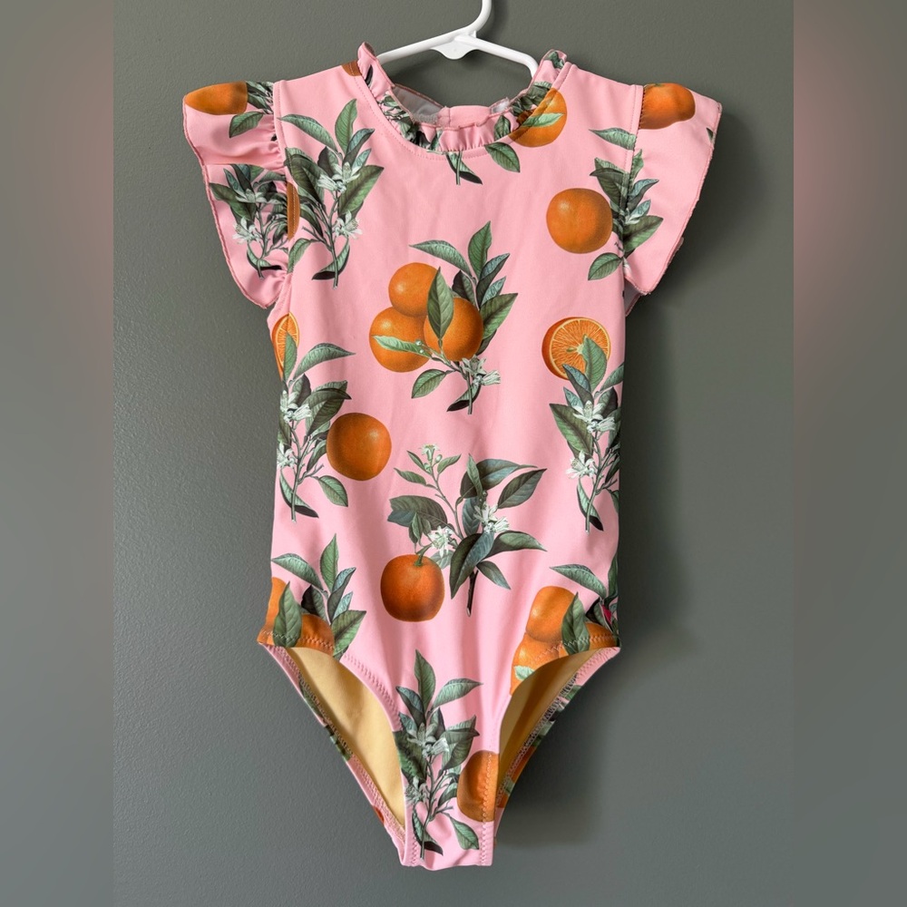 Pink Chicken Swimsuit Jennifer Pink Botanical Oranges Girls 7Y Citrus